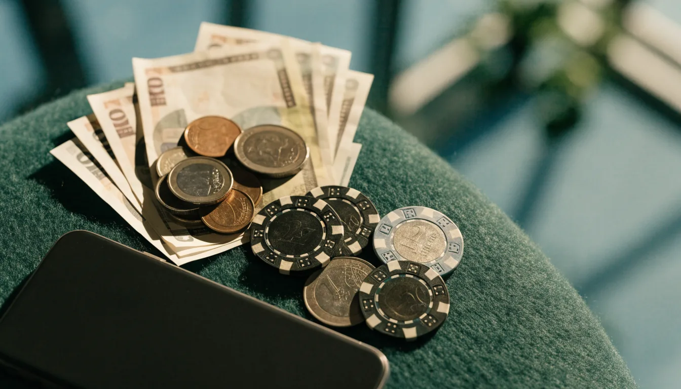 Euro-mynt och sedlar nära casinospelar på grönt filtunderlag i Sverige.