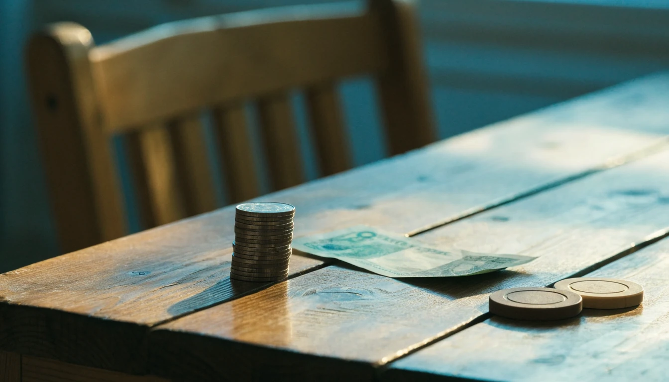 Euro och svenska kronor med casinomarker på ett nordiskt träbord