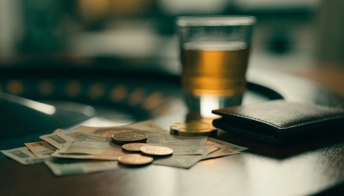 Svenska kronorsedlar, ett guldmarker, roulette och en mörk träyta i varm belysning