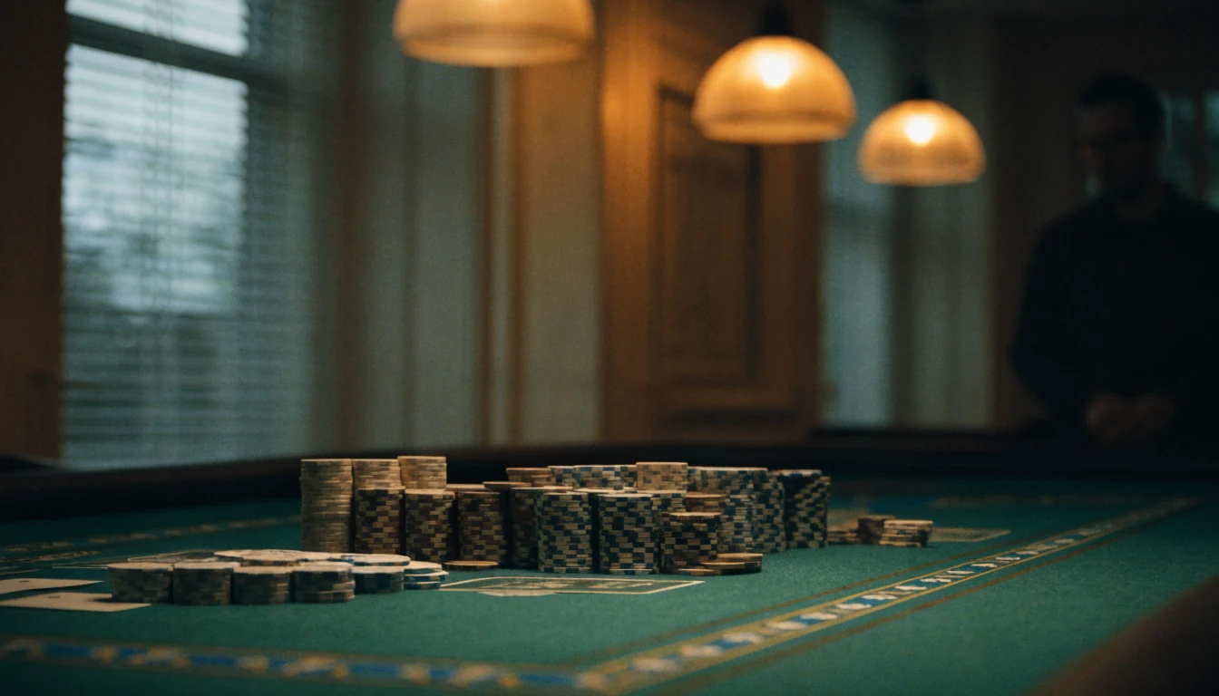 Svenskt casinobord med marker, kort och varm belysning