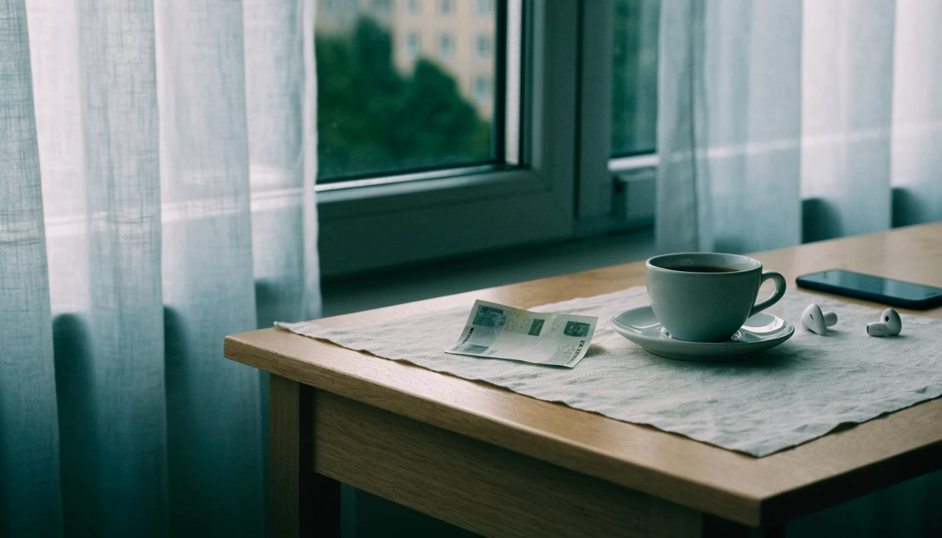 En fem-euros sedel på ett skandinaviskt bord bredvid en mobiltelefon