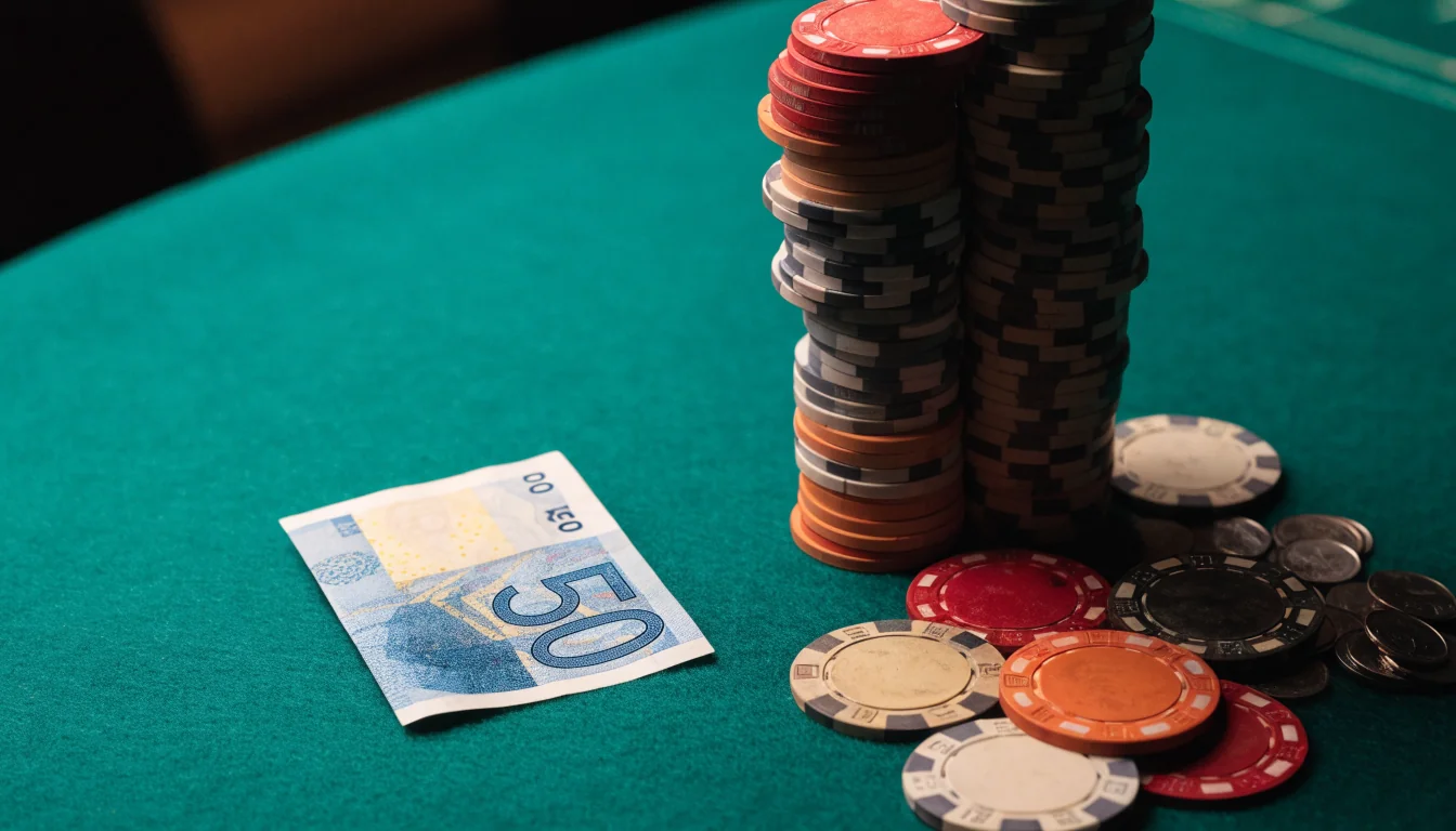 En svensk femtio-kronorssedel bredvid en hög casinomarker på grönt filtbord