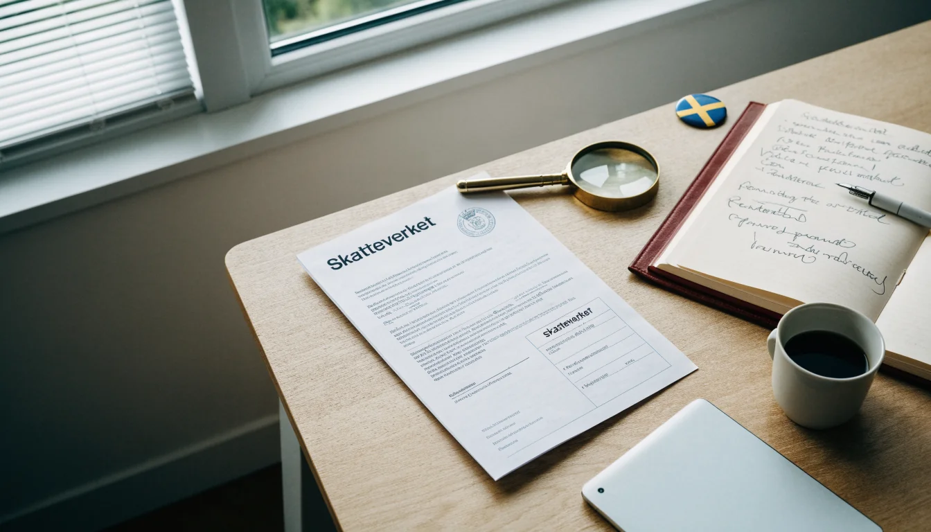 Redaktionell arbetsplats med licensdokument, förstoringsglas och anteckningar på ett nordiskt skrivbord