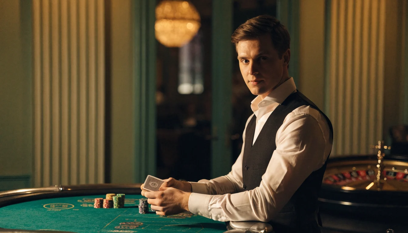 Professionell blackjackdealer vid grönt bord i livecasinostudio