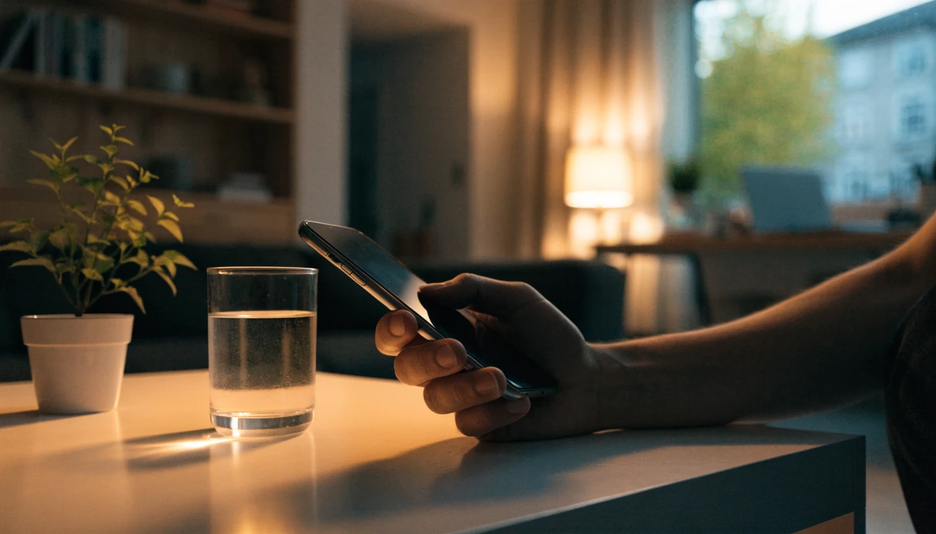 Modernt svenskt vardagsrum med smartphone och laptop vid sidan om, varm belysning