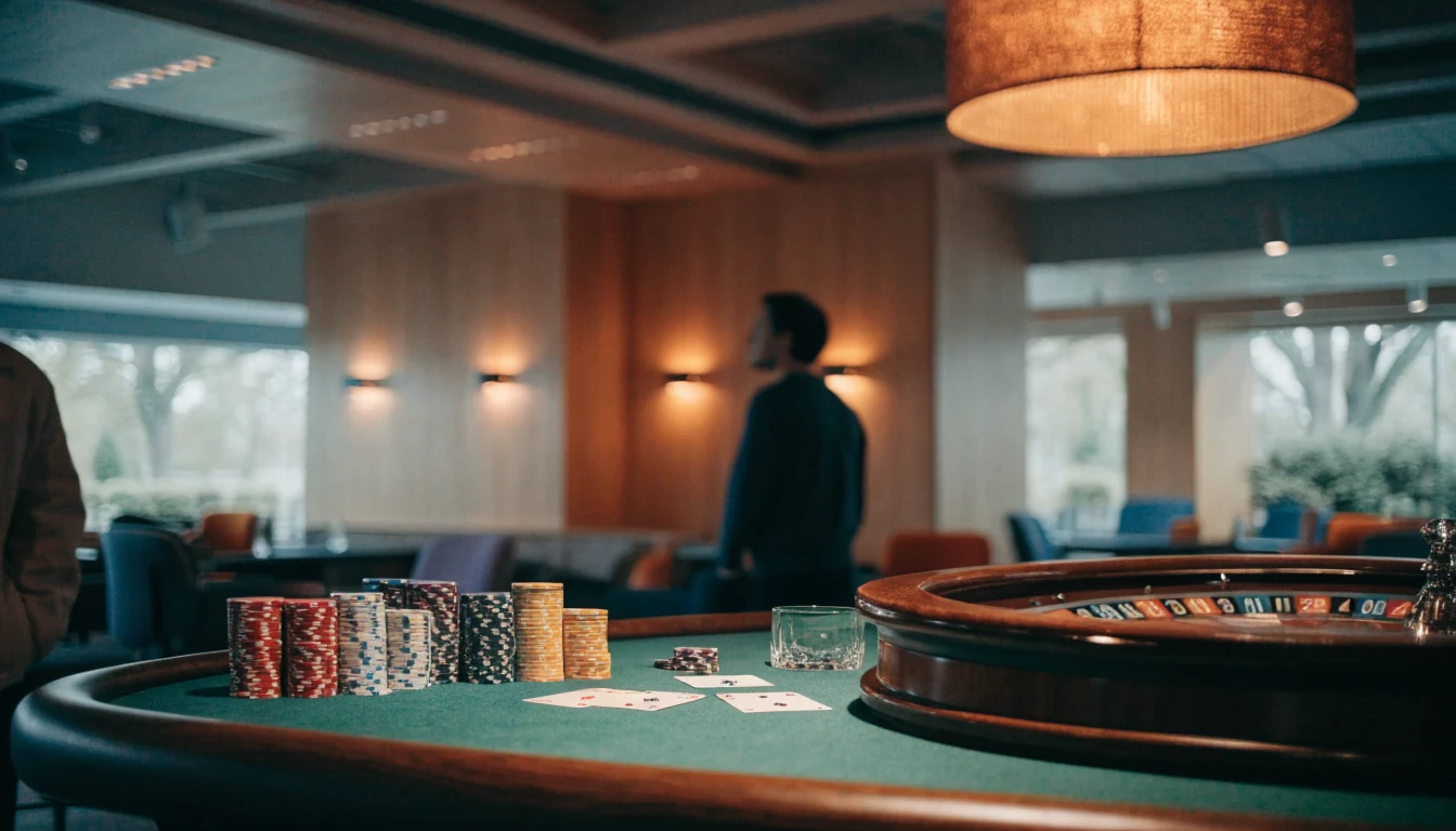 Elegant casinobord med roulette, marker och kort i ett modernt svenskt casinorum.