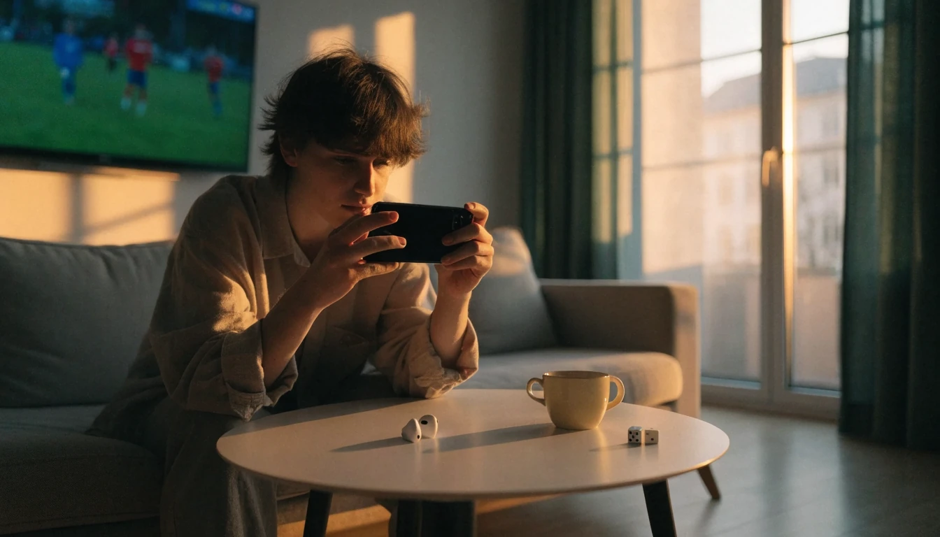 Svensk person i modernt vardagsrum med mobiltelefon, tv-sport i bakgrunden och avslappnad hemkänsla