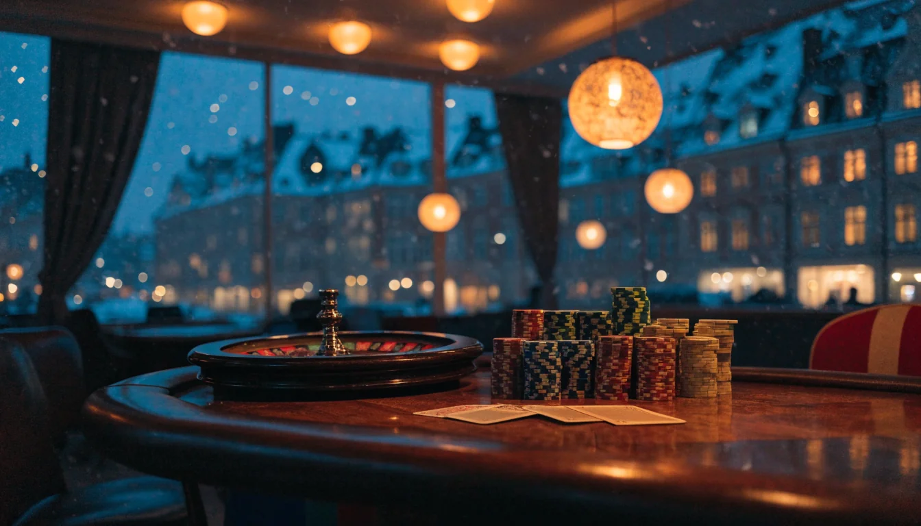 Elegant svenskt casinorum med roulette, marker och kort under varm belysning