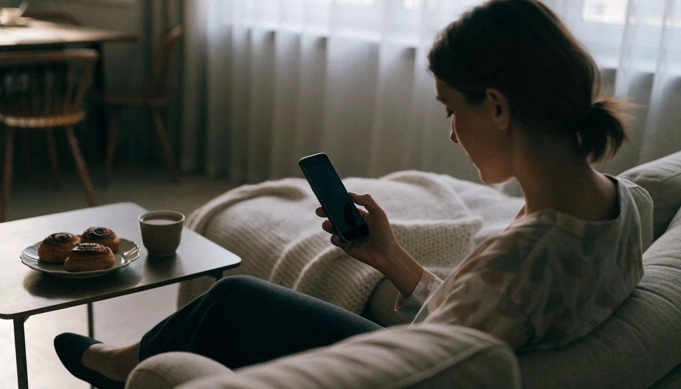 Kvinna i soffan med mobiltelefon och kanelbulle i svenskt vardagsrum
