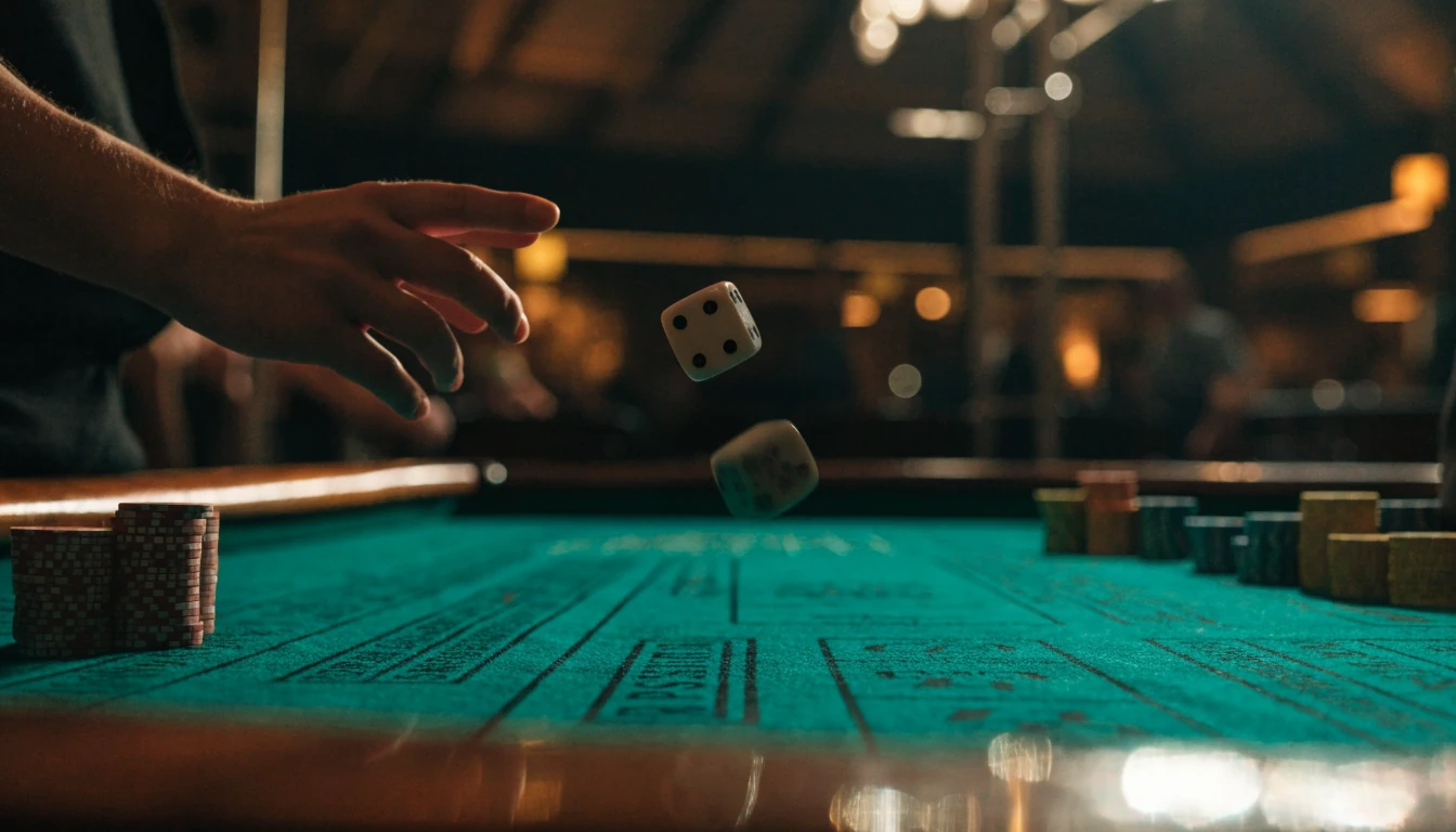 Två tärningar kastas över ett grönt crapsbord i ett svenskt casino