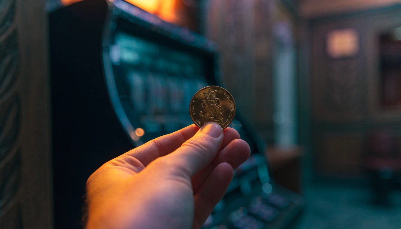 Hand med svensk krona framför suddig spelautomat i mysig casinomiljö