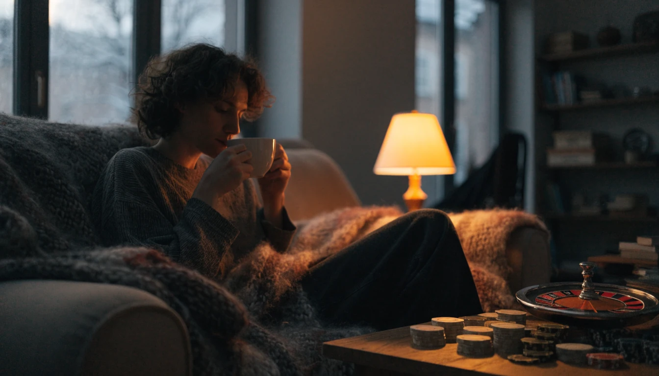 Person i mysig svensk soffa med kaffe och casinoföremål