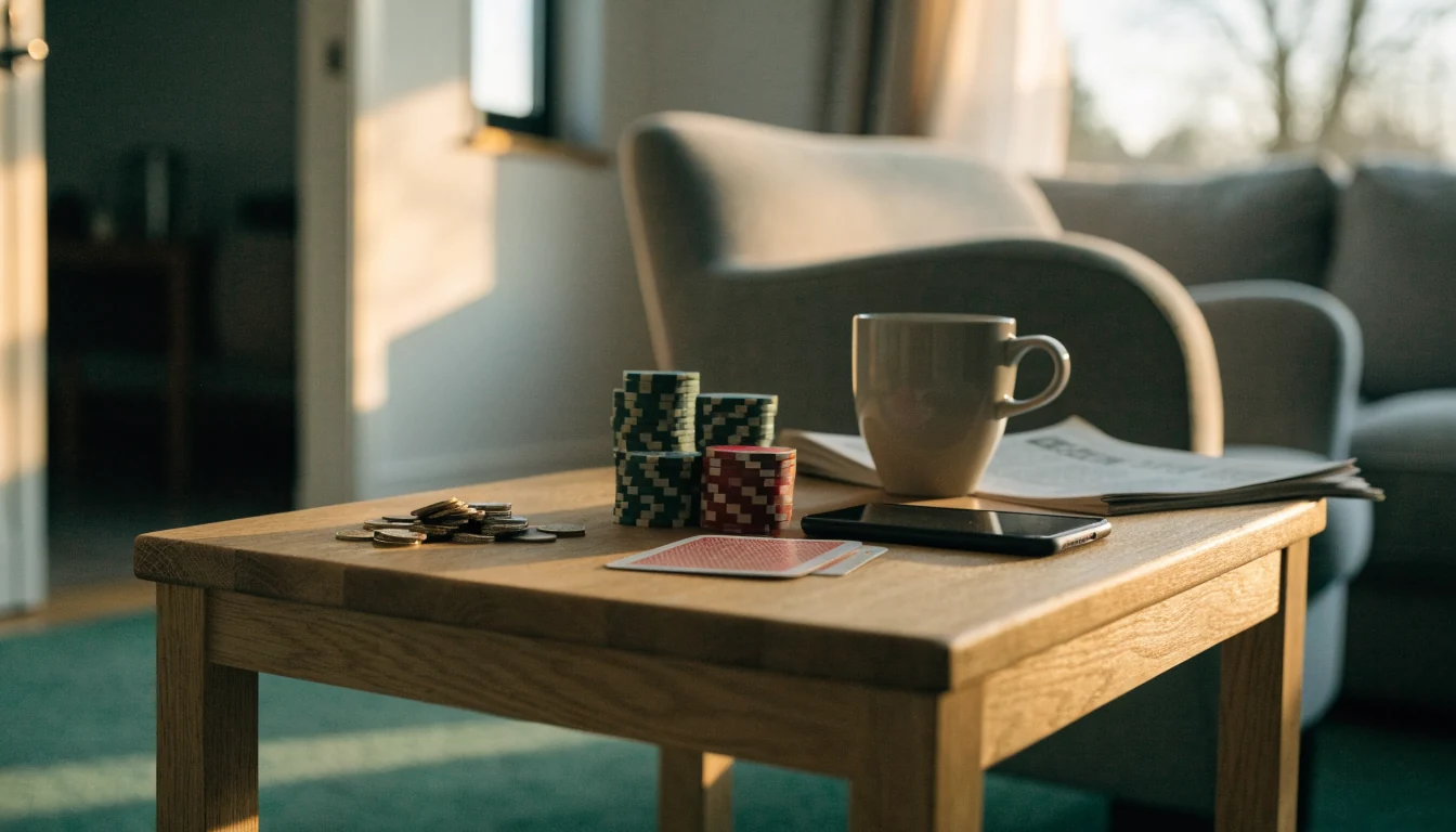 Svensk myshörna med kronmynt, casinofigurer och kaffekopp på bordet