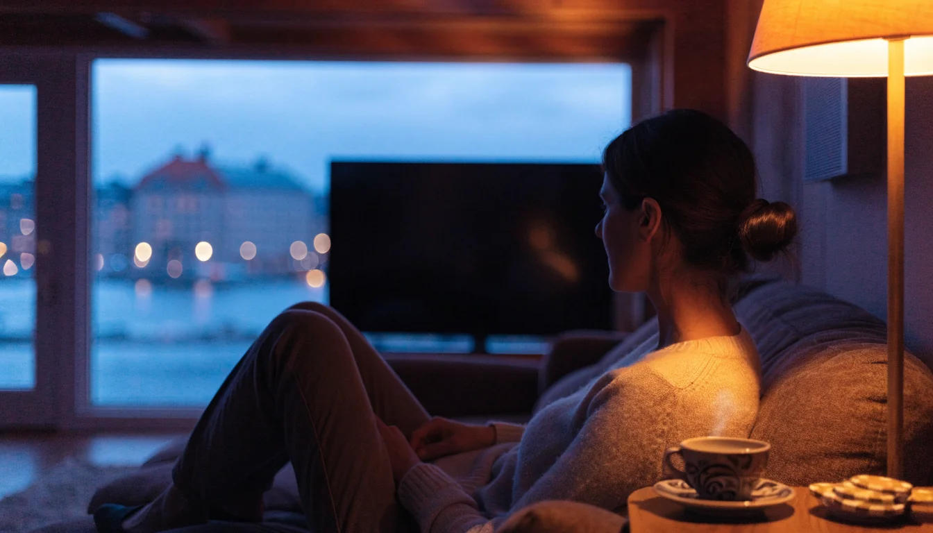 Kvinna i vardagsrum med mörk tv-skärm och casinomarker på sidobordet