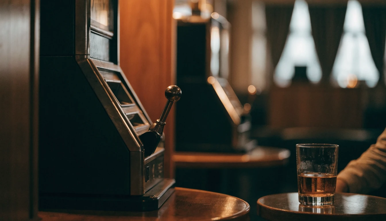 Klassisk spelautomat i svenskt casinorum med varm belysning