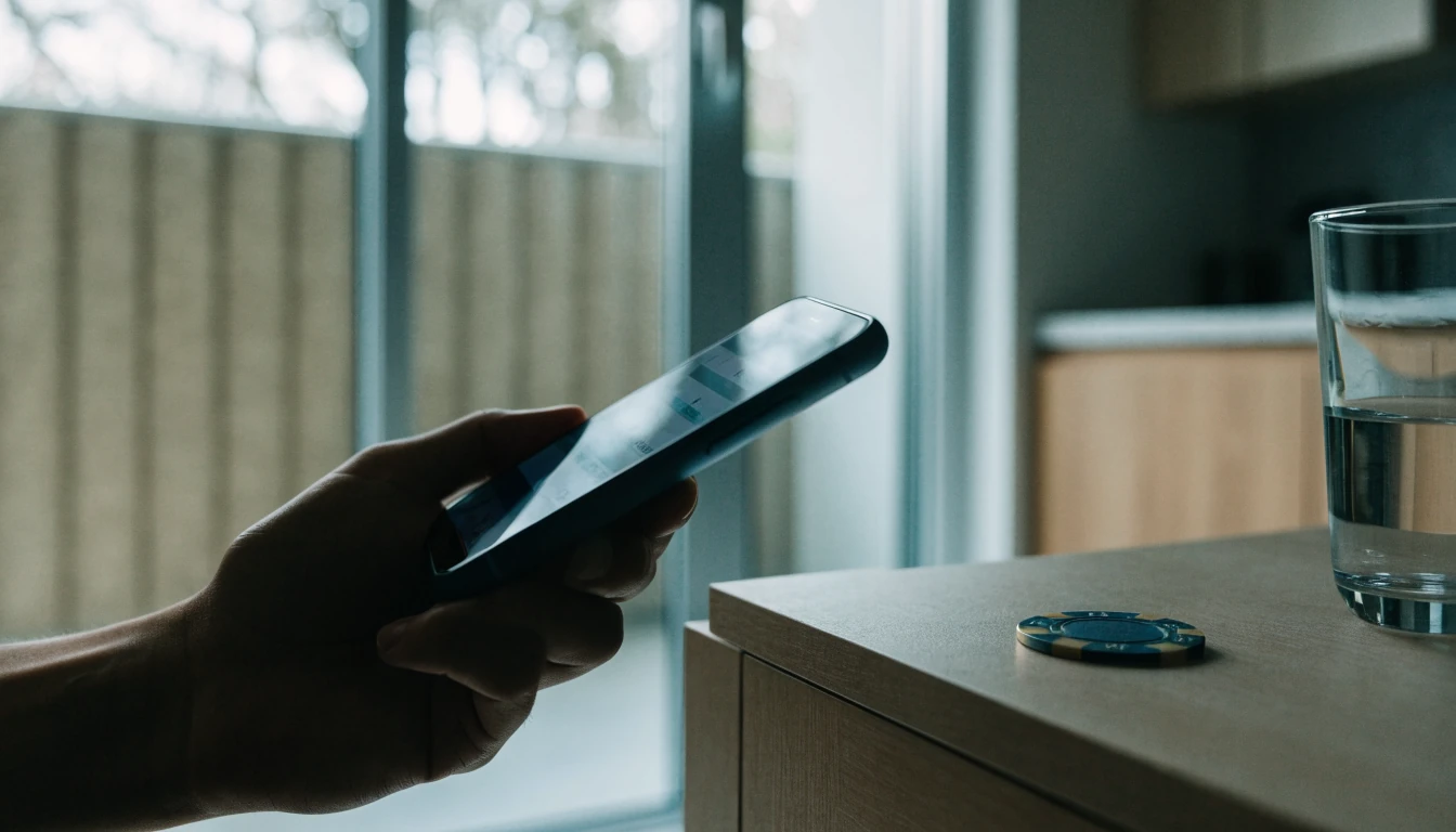 Hand med mobiltelefon bredvid casinotoken på bord i ljus svensk lägenhet.