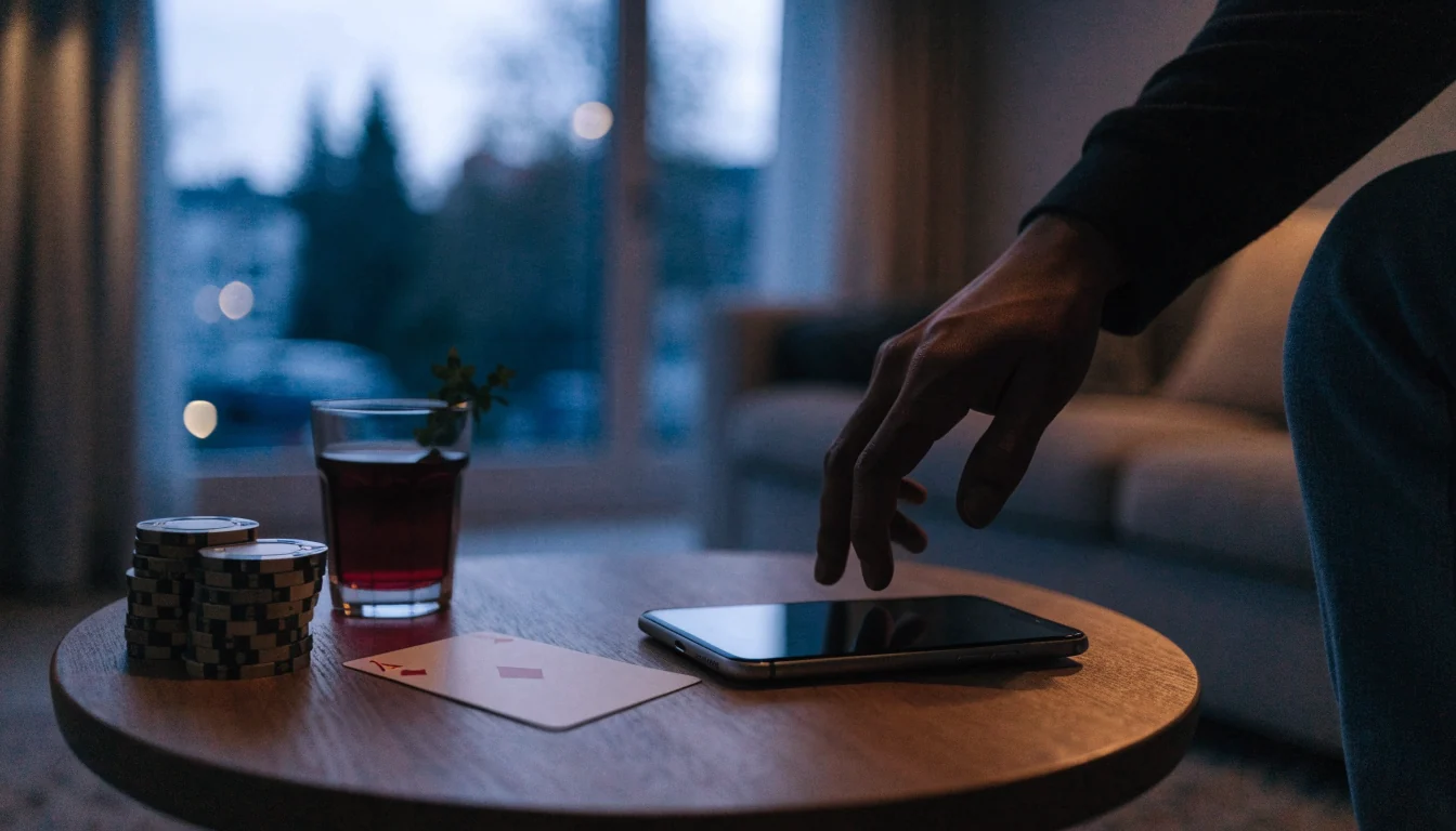 Handräcker sig mot en mobiltelefon vid casinoleksaker på soffbord