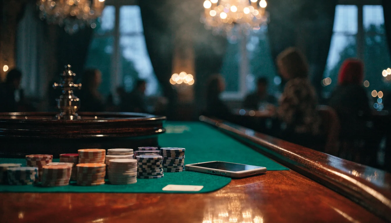 Elegant casinobord med marker, roulette och nedvänd telefon i varm belysning