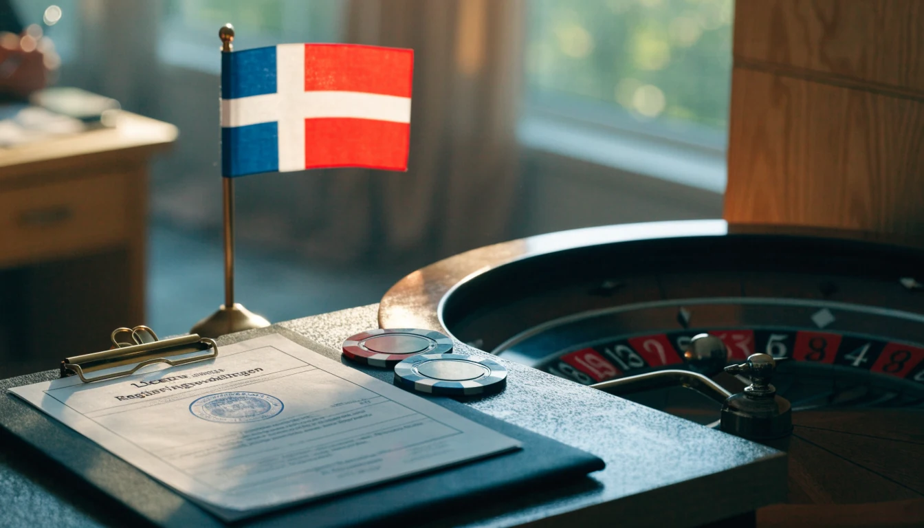 Svensk spellicens utfärdad av Spelinspektionen bredvid casinofigurer