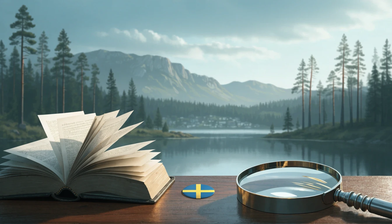Stiliserad svensk natur med bok och förstoringsglas som symboliserar spellicens och tillsyn