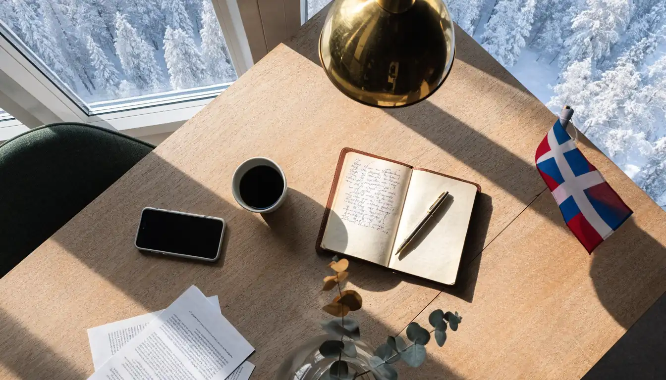 Skandinaviskt skrivbord med anteckningsbok, penna och kaffekopp för redaktionell kontakt