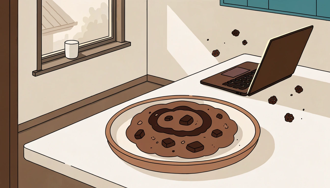Chocolate chip cookie bredvid en bärbar dator med svenska färger
