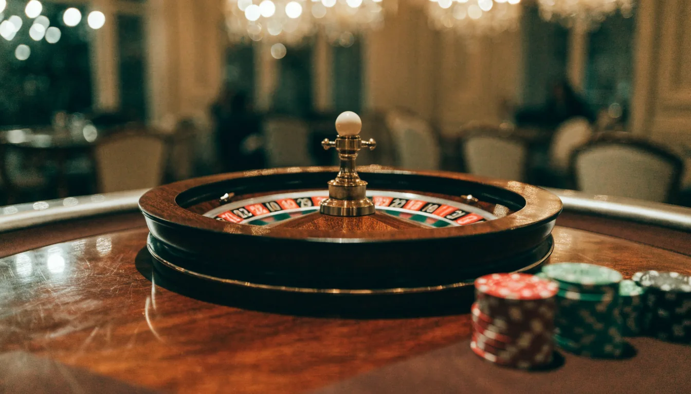 Ett klassiskt roulettehjul på ett elegant casinobord med färgglada marker