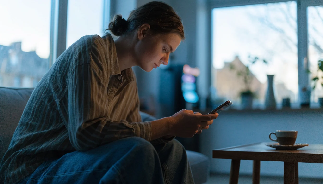 Svensk spelare med smartphone i modernt vardagsrum med kaffe