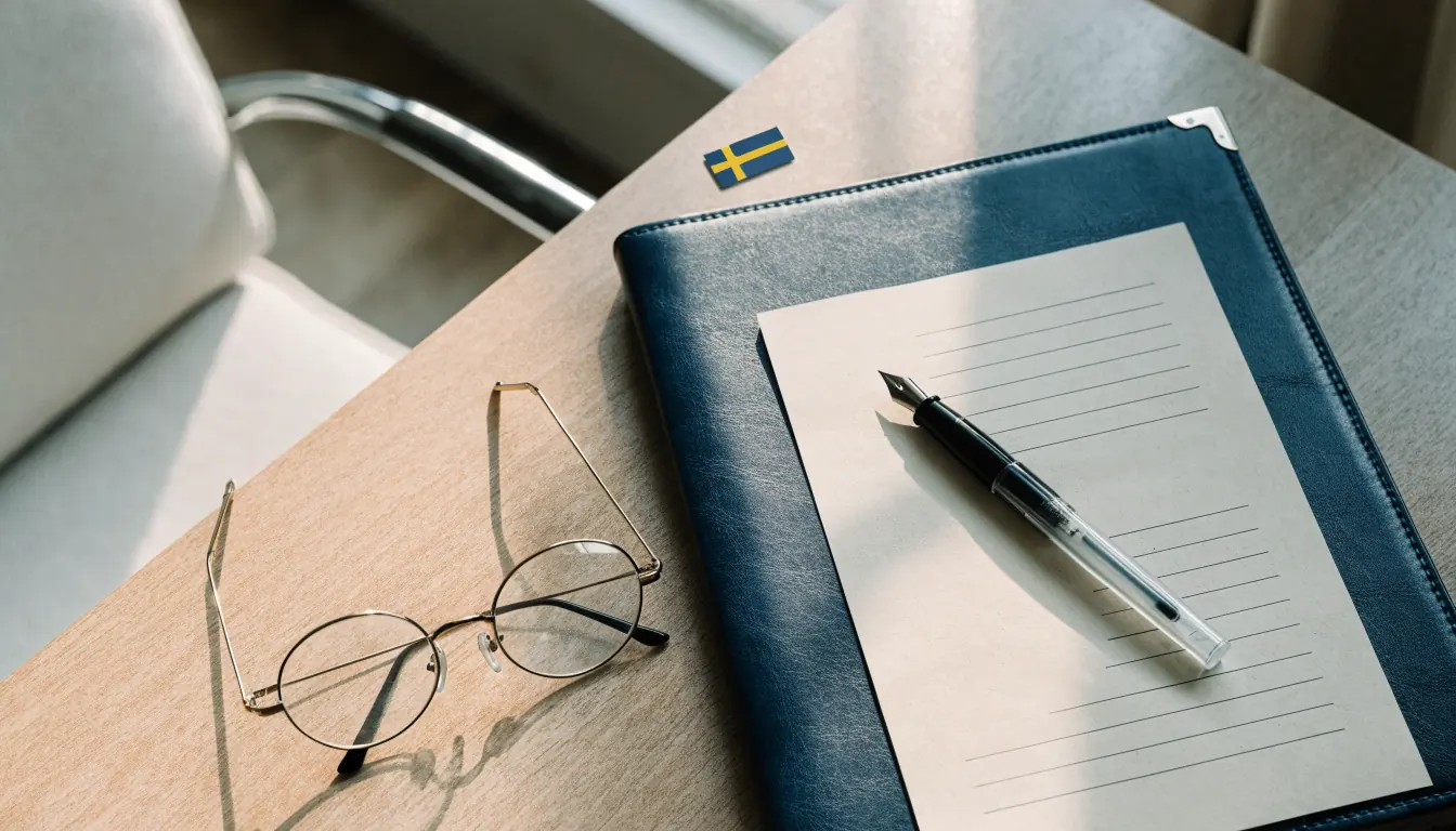 Juridiska dokument, penna och glasögon på ett skrivbord