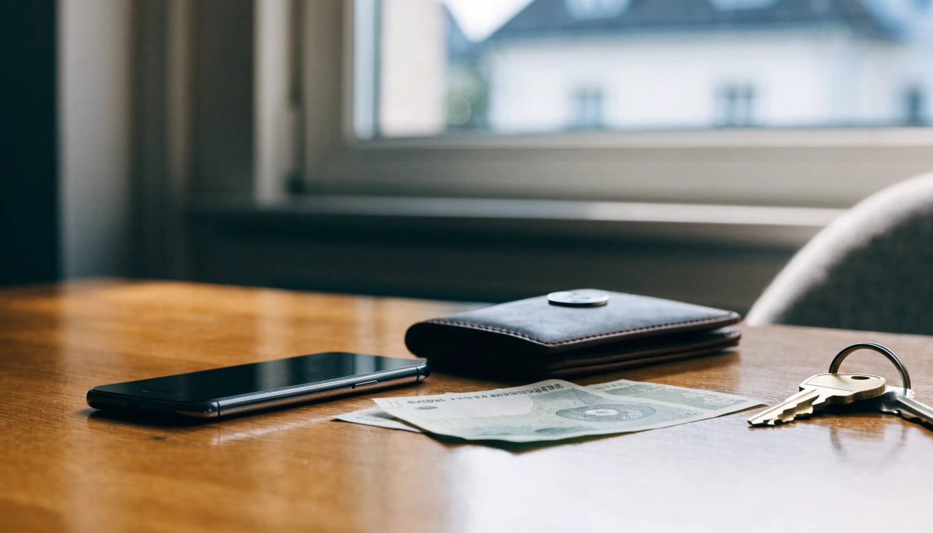 Smartphone med skärmen nedåt på ett skrivbord, plånbok och svenska sedlar bredvid.
