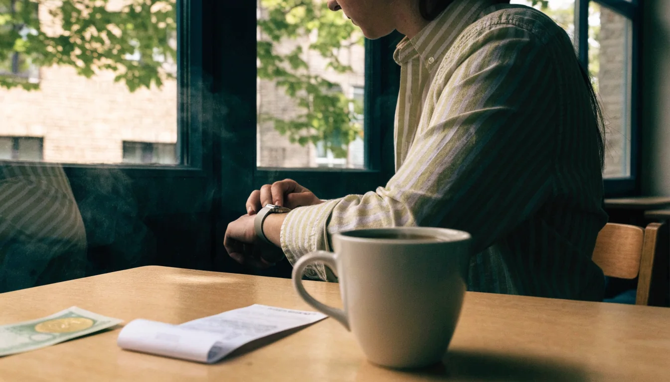 Person vid ett café fönster som tittar på sitt armbandsur, kvitto och sedel på bordet.