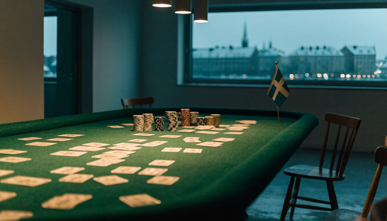 Ett casinobord med marker och kort i ett skandinaviskt rum med Stockholms silhuett
