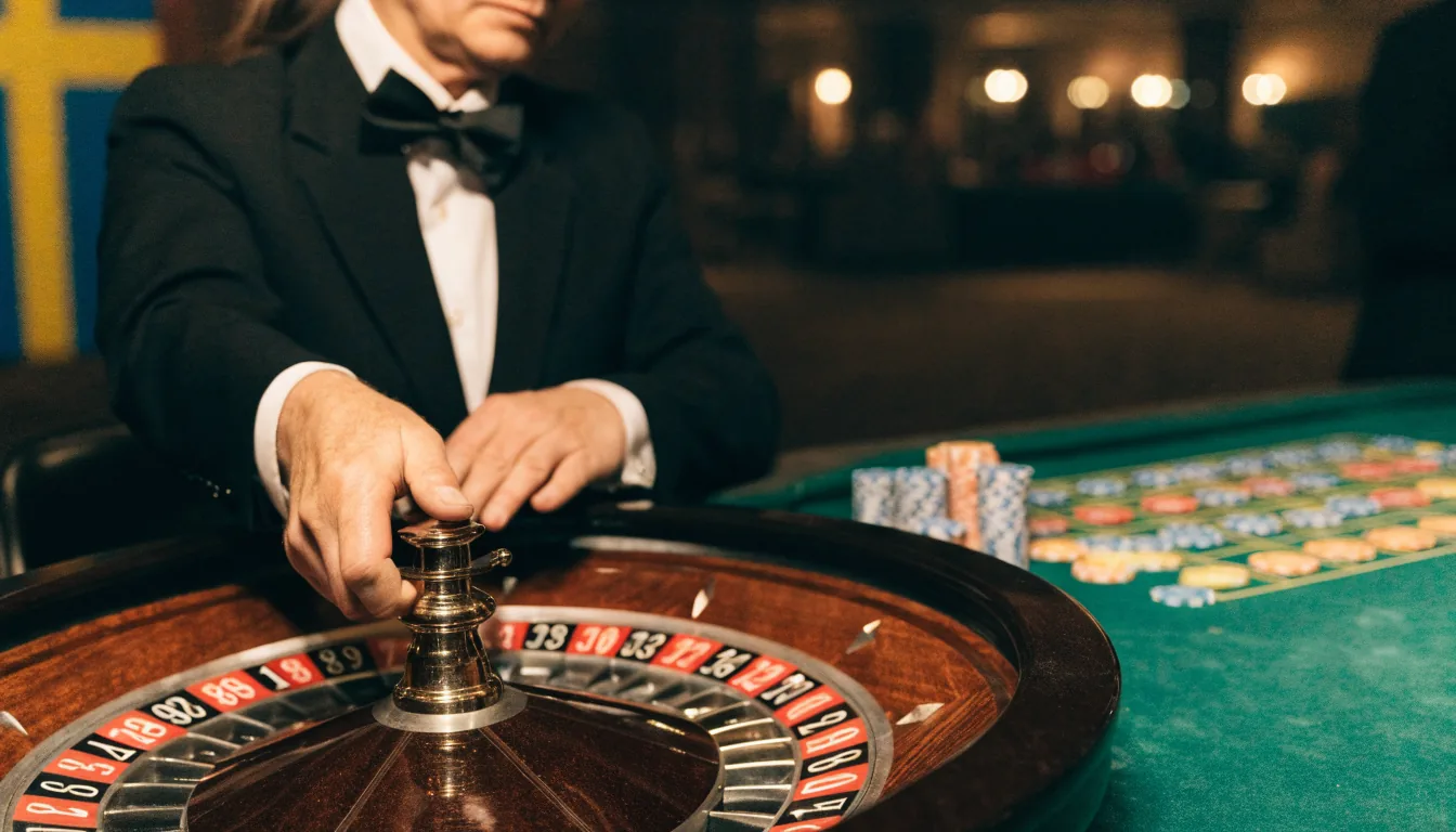 Professionell croupier snurrar ett roulettehjul i en livesändningsstudio