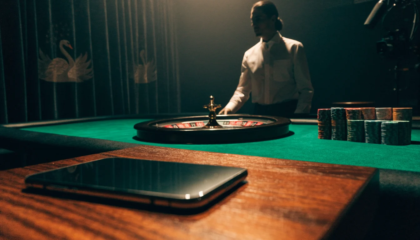 Professionell live casinostudio med dealer, roulettehjul och marker