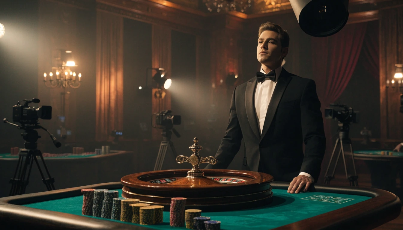 Professionell livecasino-dealer i elegant studio med roulettehjul och marker