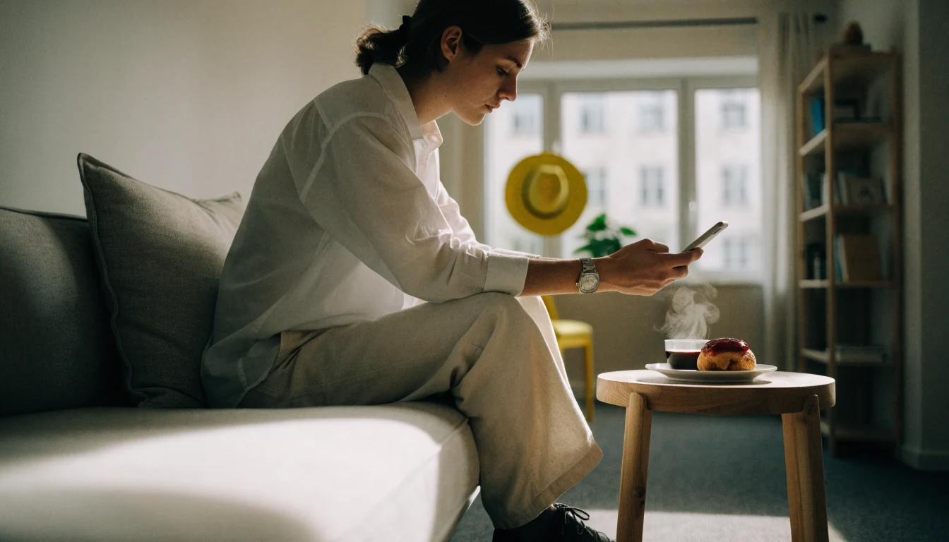 Person som håller en smartphone i en modern svensk lägenhet med kanelbulle och kaffe