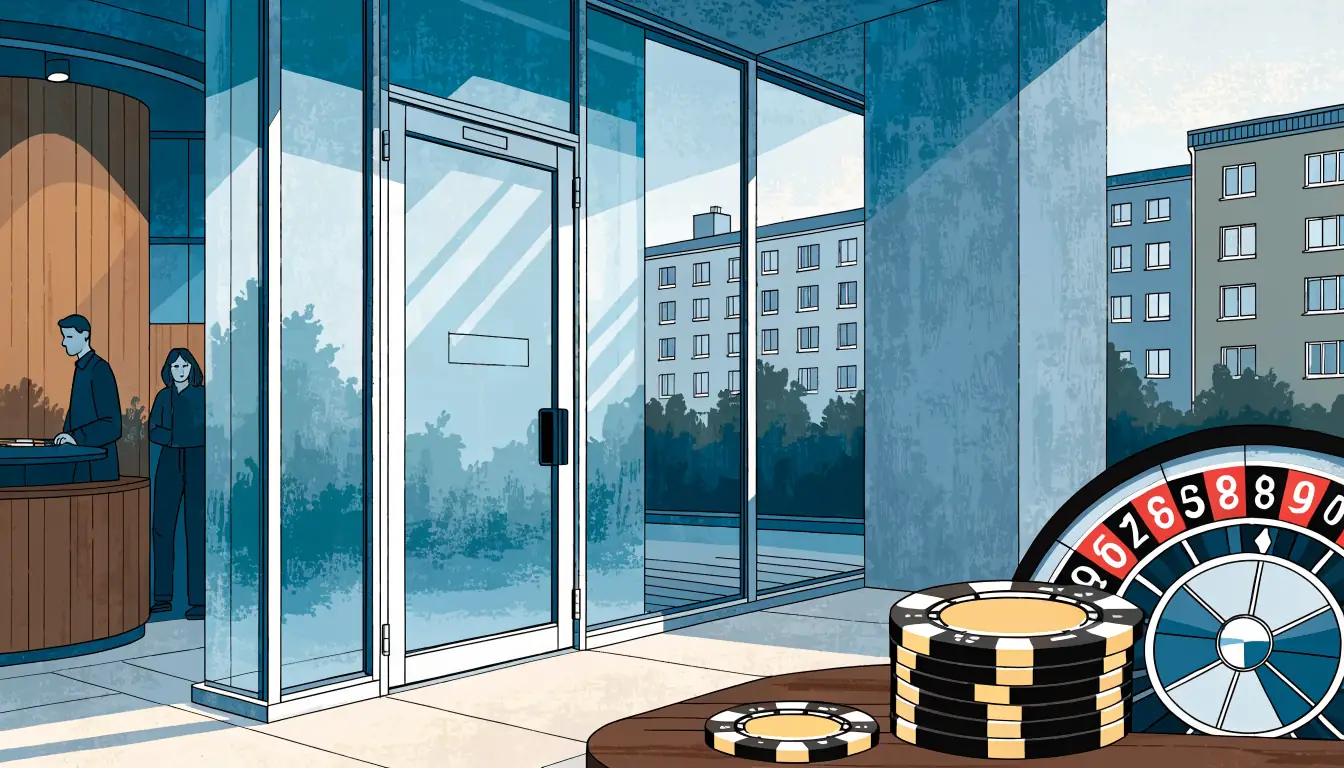 Modern casino entré med nordisk stil och svensk färgpalett