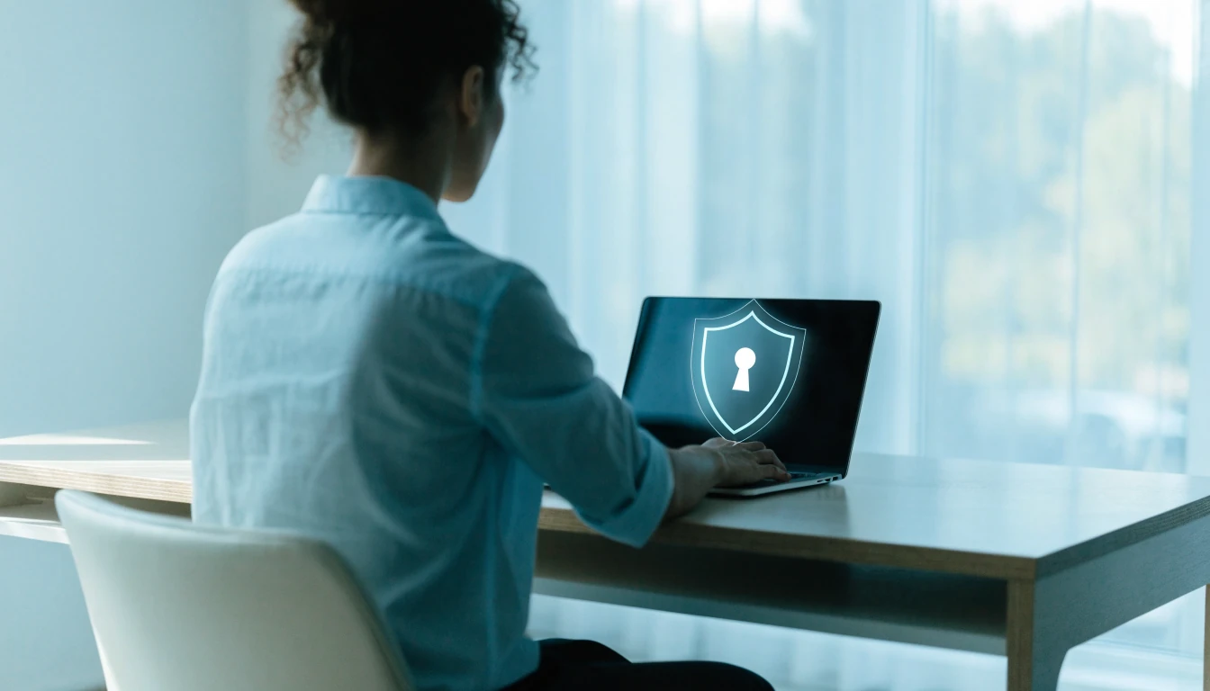 Person vid skrivbord med låssymbol över laptop, integritetsskydd