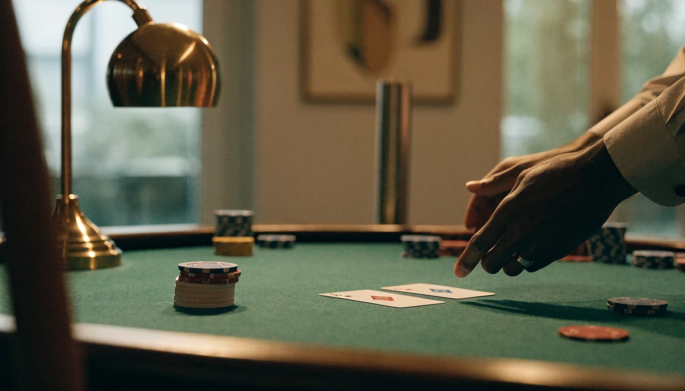 Blackjack-bord med ess och sexa, casinofärger och svensk inredning