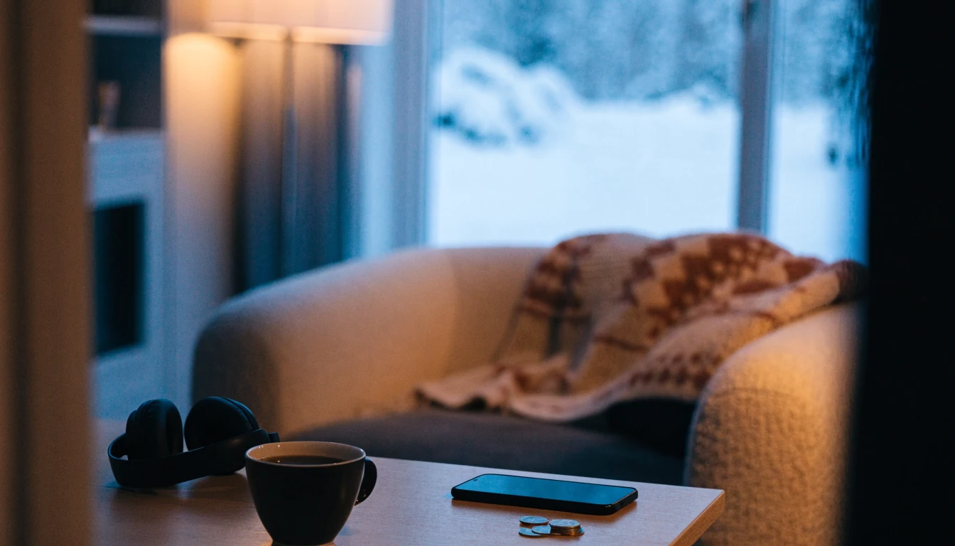 Svenskt vardagsrum med hörlurar och mynt bredvid en telefon