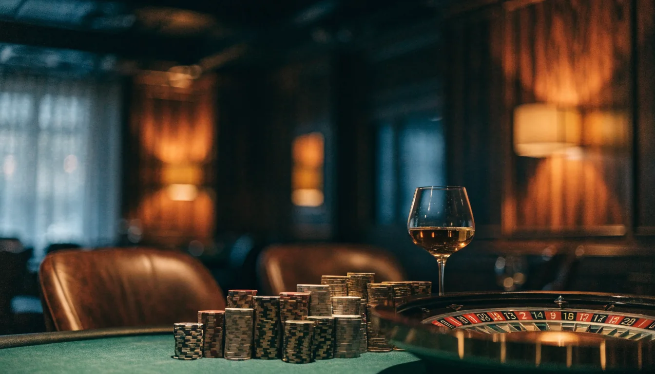 Lyxig VIP-kasinolounge med marker och roulettehjul i varm belysning