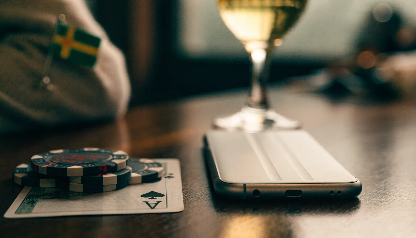iPhone vid sida av casinotärningar och svensk flagga