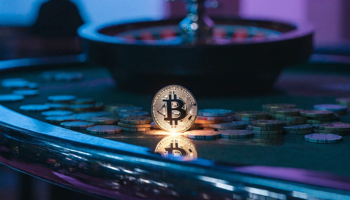 Bitcoin-mynt på casinobord omgiven av jetonger och roulette
