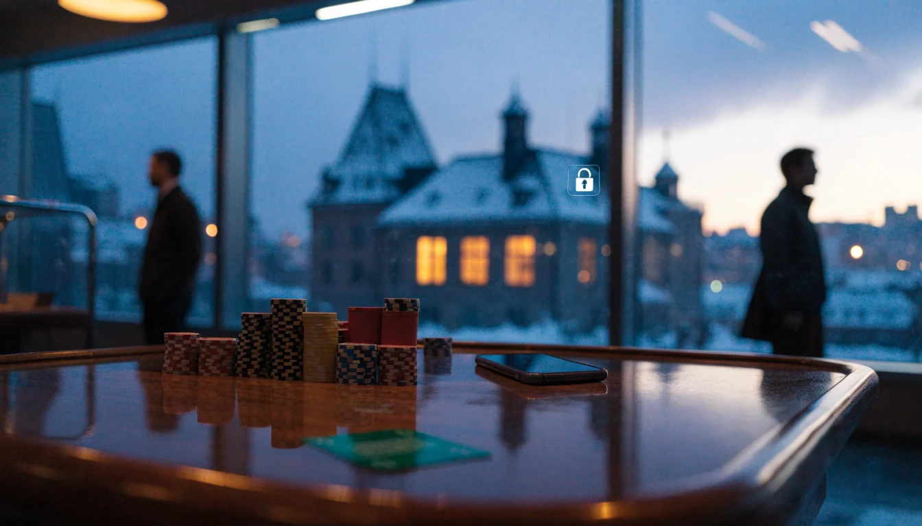 Svenskt casinorum med kortlek, marker och låssymbol på mobilen