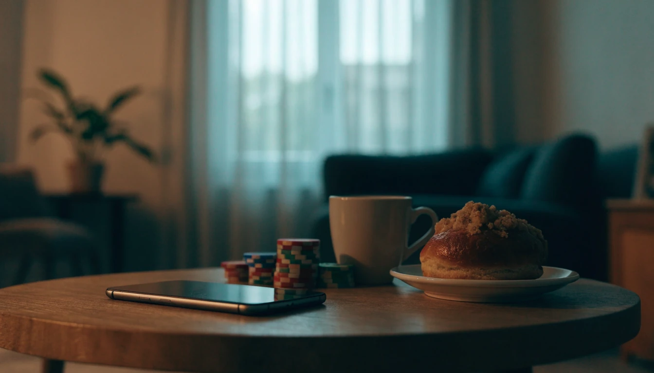 Smartphone på bordet bredvid marker och fika i svenskt vardagsrum