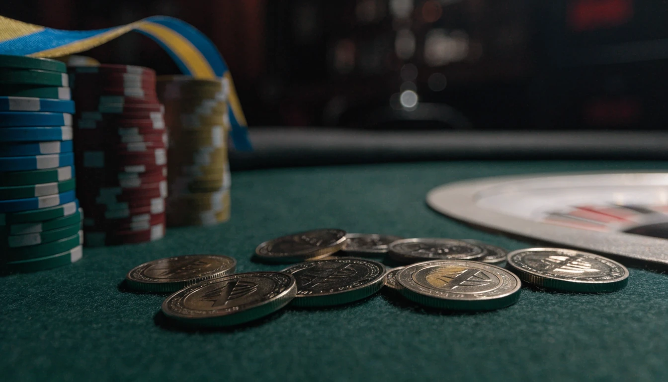Litecoin-mynt, casinoföremål och svensk färgribbon på ett filtbord