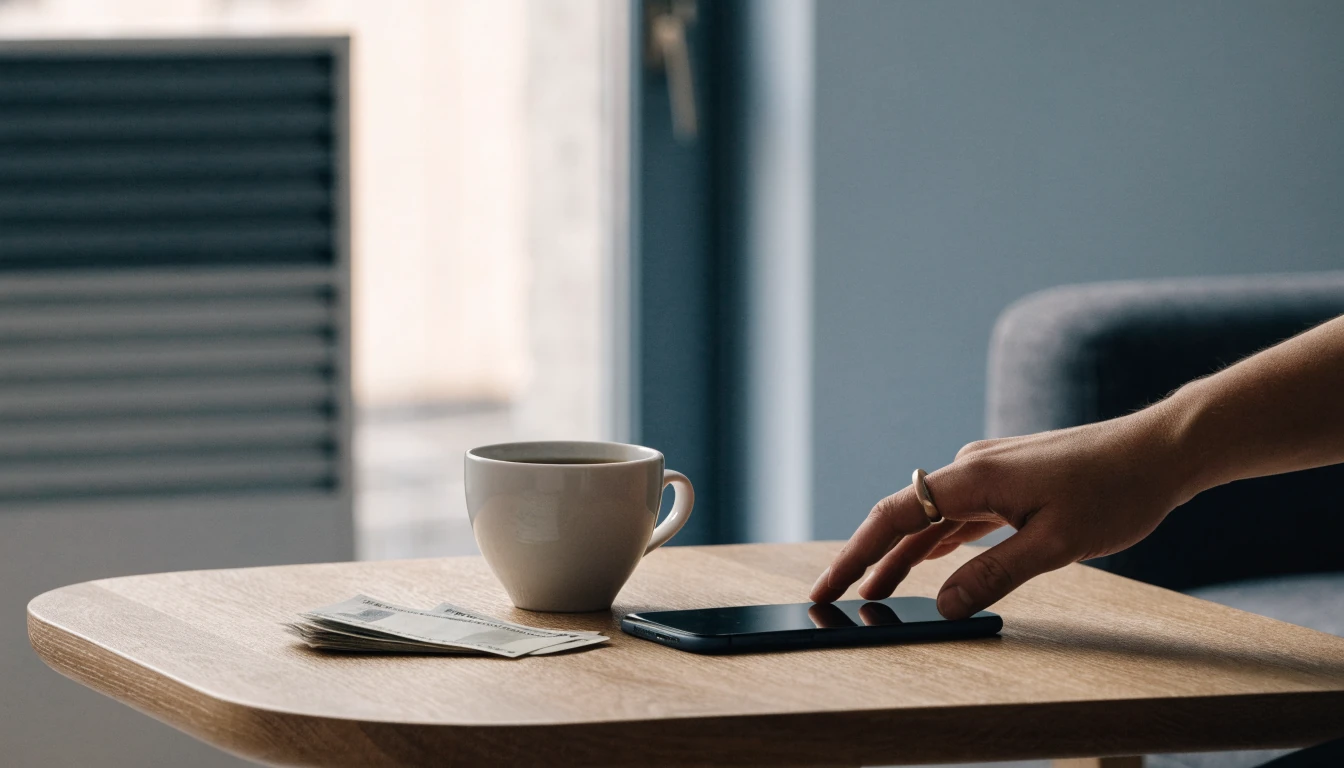 Smarttelefon och svenska kronor på ett bord i modernt hem