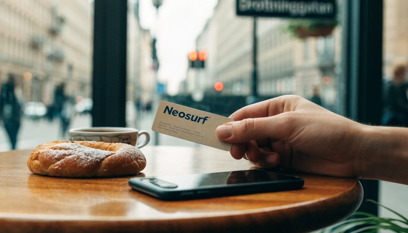 Neosurf voucher på kafébord i Stockholm med kanelbulle och kaffe