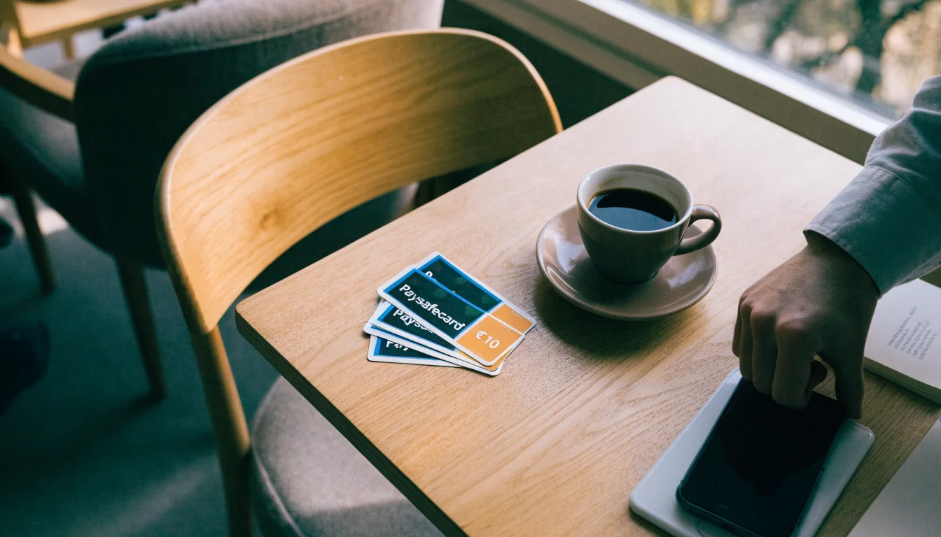 Paysafecard-kuponger och vänd smartphone på ett svenskt cafébord