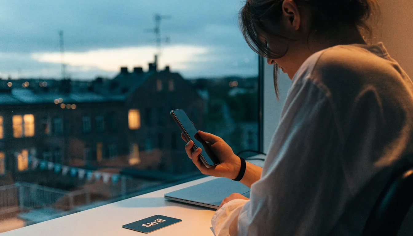 Svensk person vid skrivbord med stängd laptop och Skrill-kort, funderar över casinoval